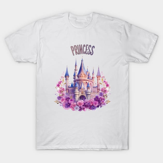 Princess Pink Purple Dreamy Castle with Flowers Watercolor Art T-Shirt by AdrianaHolmesArt